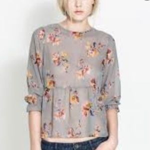Zara TRF grey floral flowy sheer blouse